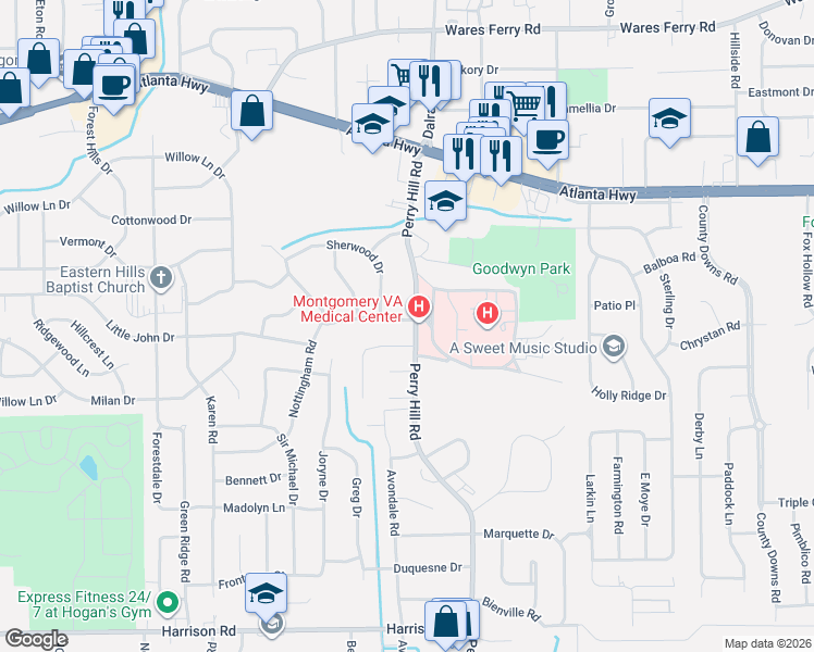 map of restaurants, bars, coffee shops, grocery stores, and more near 3821 Robbins Road in Montgomery
