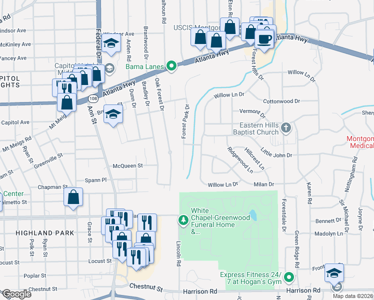 map of restaurants, bars, coffee shops, grocery stores, and more near Green Pine Lane in Montgomery