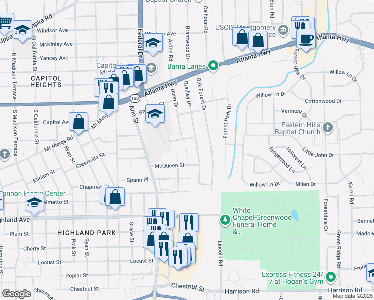 map of restaurants, bars, coffee shops, grocery stores, and more near 204 Bradley Drive in Montgomery