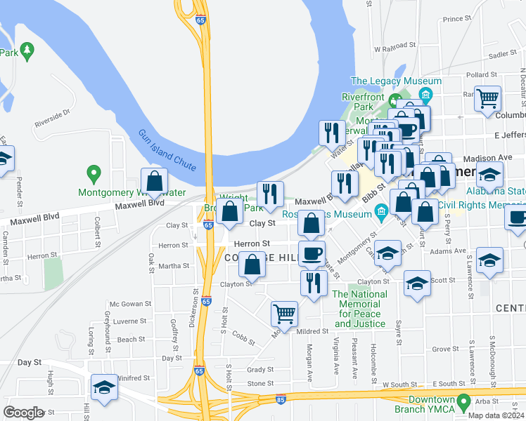 map of restaurants, bars, coffee shops, grocery stores, and more near 605 Maxwell Boulevard in Montgomery