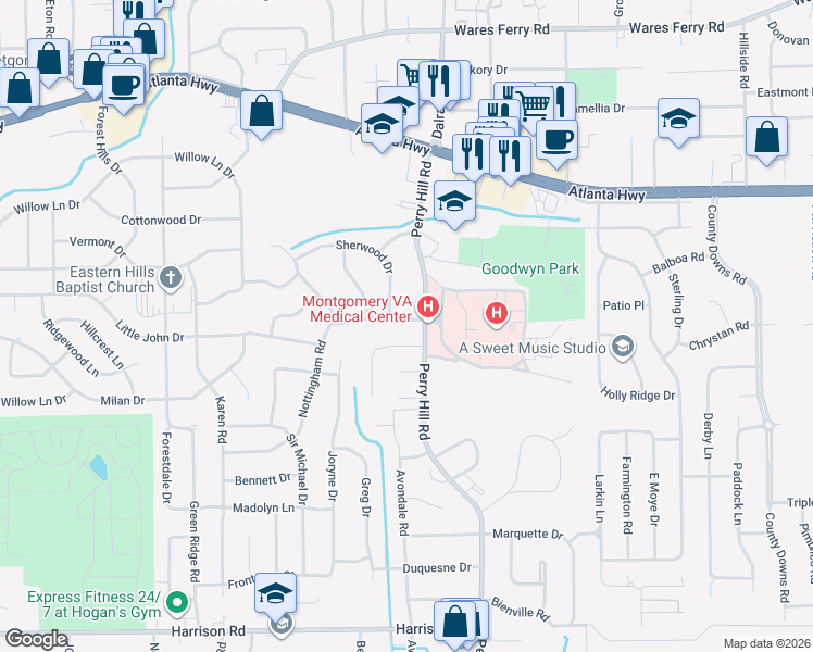 map of restaurants, bars, coffee shops, grocery stores, and more near 3821 Robbins Road in Montgomery