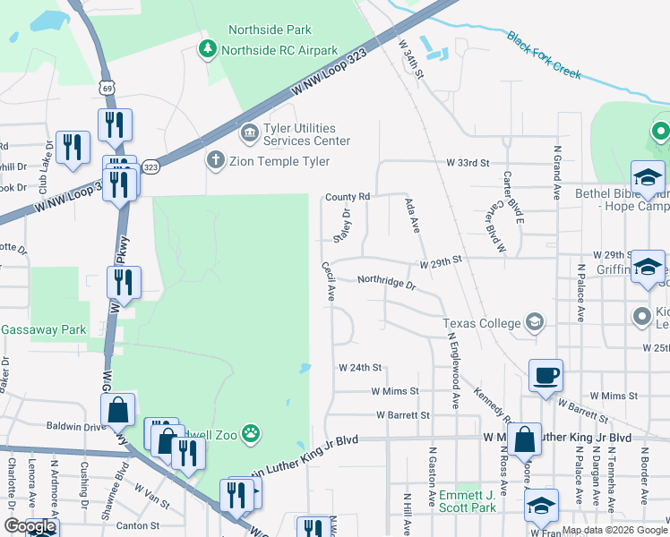 map of restaurants, bars, coffee shops, grocery stores, and more near 1723 West 29th Street in Tyler