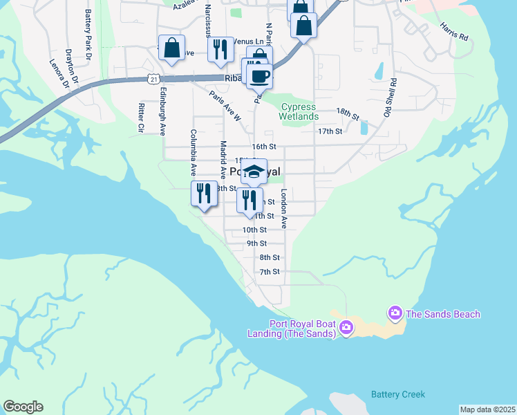 map of restaurants, bars, coffee shops, grocery stores, and more near 917 12th Street in Port Royal