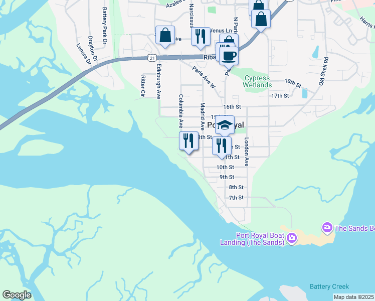 map of restaurants, bars, coffee shops, grocery stores, and more near 1113 12th Street in Port Royal