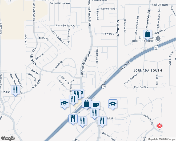 map of restaurants, bars, coffee shops, grocery stores, and more near 3926 Sombra Morada Road in Las Cruces