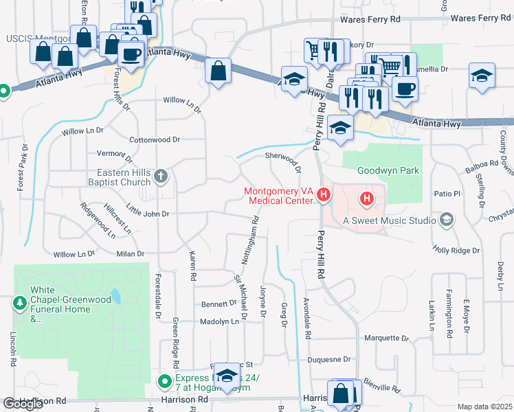 map of restaurants, bars, coffee shops, grocery stores, and more near 251 Nottingham Road in Montgomery
