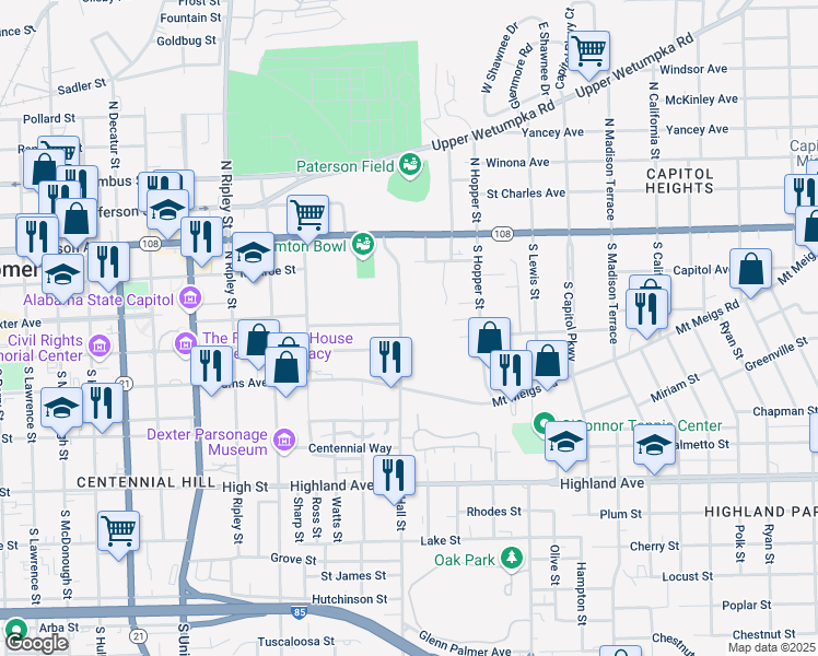 map of restaurants, bars, coffee shops, grocery stores, and more near 215 Hall Street in Montgomery