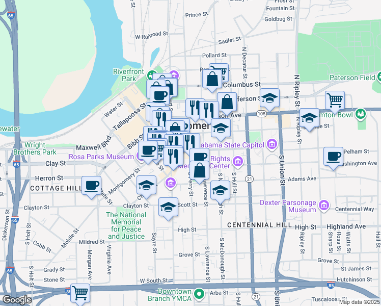 map of restaurants, bars, coffee shops, grocery stores, and more near 119 South Perry Street in Montgomery
