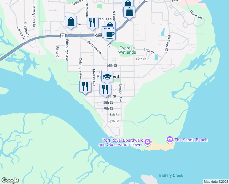 map of restaurants, bars, coffee shops, grocery stores, and more near 903 12th Street in Port Royal