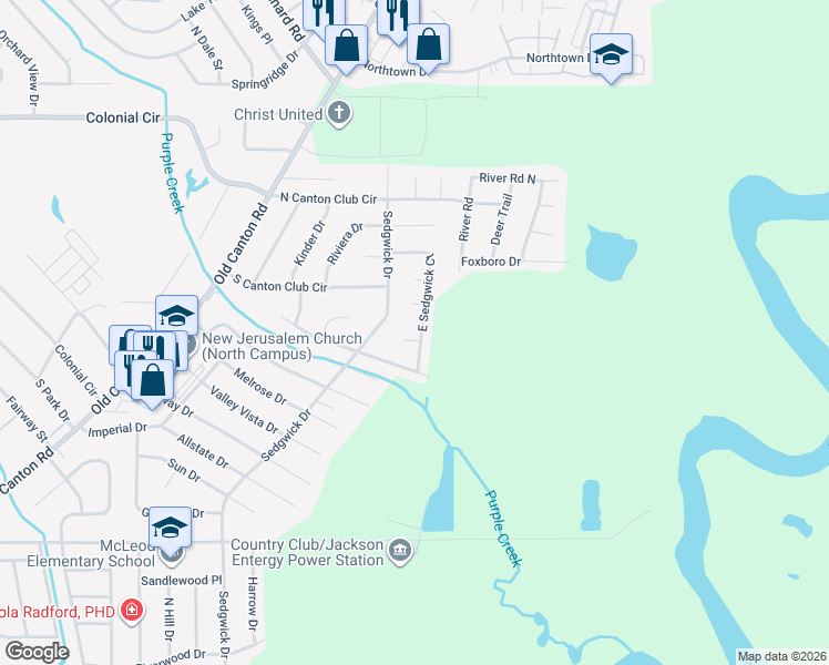 map of restaurants, bars, coffee shops, grocery stores, and more near 5748 Sedgwick Drive in Jackson