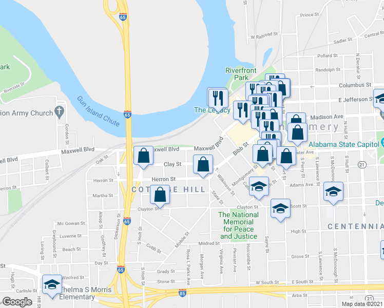 map of restaurants, bars, coffee shops, grocery stores, and more near 35 Maxwell Boulevard in Montgomery