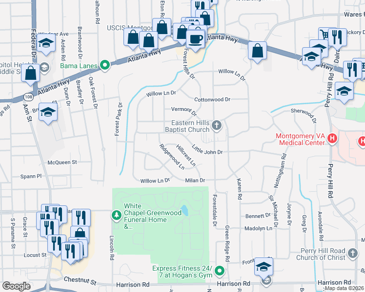 map of restaurants, bars, coffee shops, grocery stores, and more near 3256 Little John Drive in Montgomery