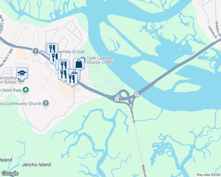map of restaurants, bars, coffee shops, grocery stores, and more near 24 Battery Lane in Beaufort