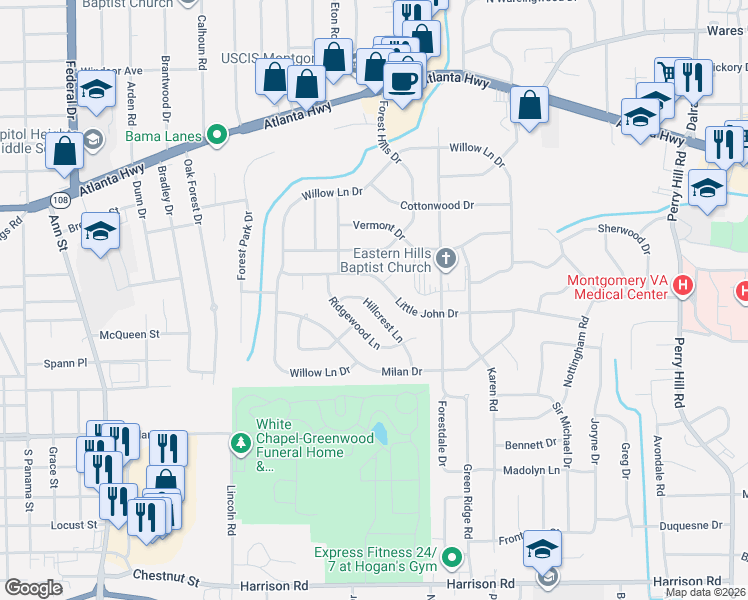 map of restaurants, bars, coffee shops, grocery stores, and more near 3256 Little John Drive in Montgomery