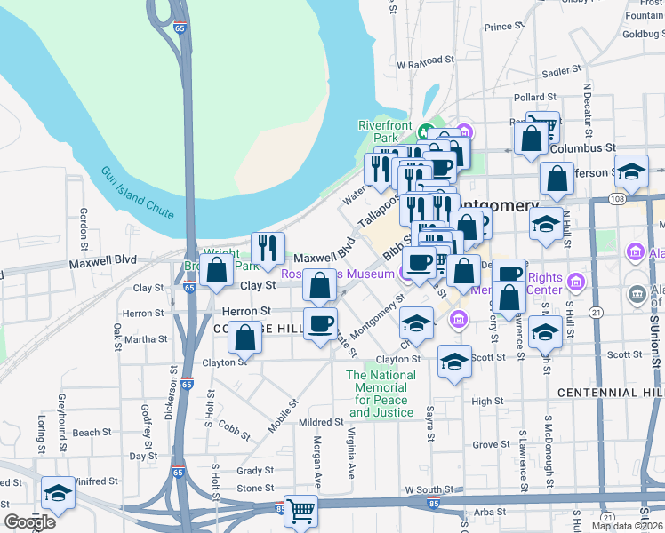 map of restaurants, bars, coffee shops, grocery stores, and more near 315 Catoma Street in Montgomery