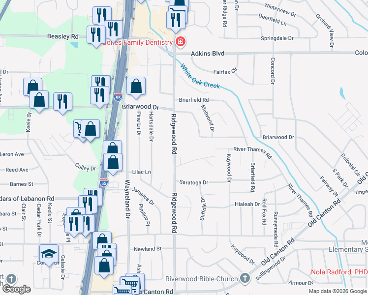map of restaurants, bars, coffee shops, grocery stores, and more near 5520 Ridgewood Road in Jackson