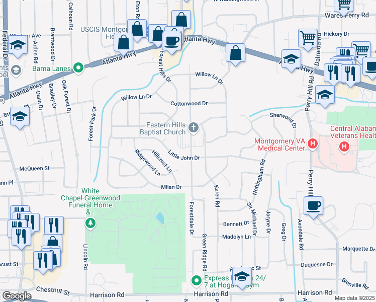 map of restaurants, bars, coffee shops, grocery stores, and more near 544 Green Ridge Road in Montgomery