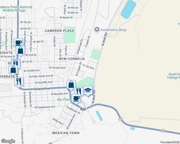 map of restaurants, bars, coffee shops, grocery stores, and more near 300 East 1st Avenue in Ajo