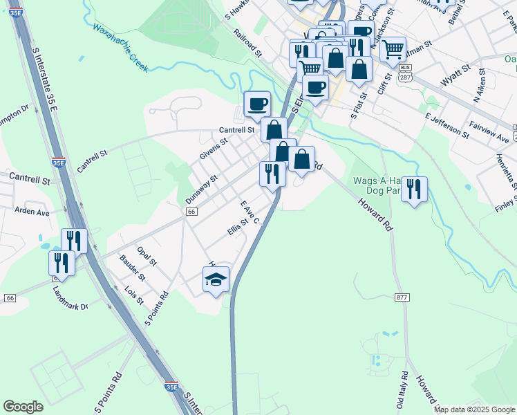 map of restaurants, bars, coffee shops, grocery stores, and more near 708 Ellis Street in Waxahachie