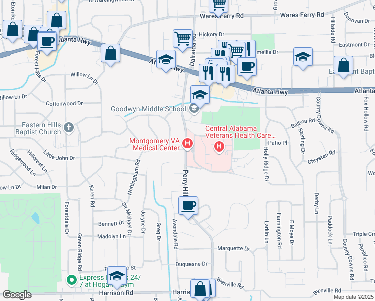 map of restaurants, bars, coffee shops, grocery stores, and more near 215 Perry Hill Road in Montgomery
