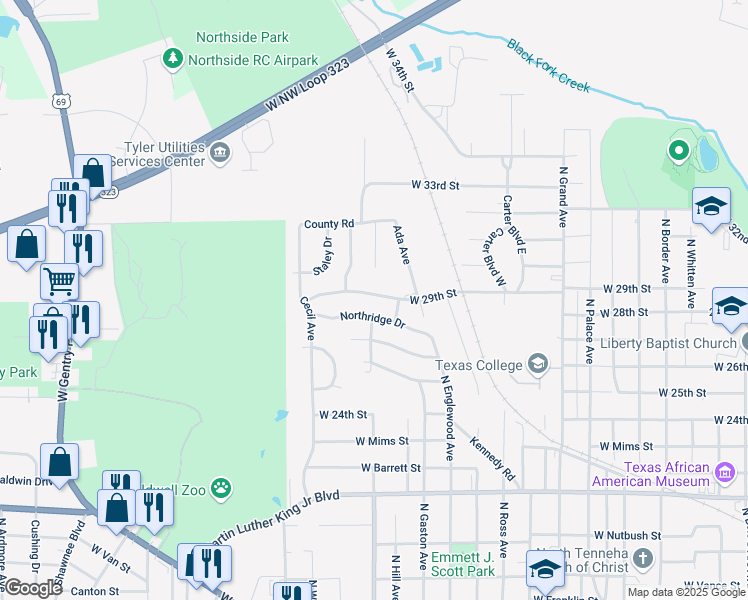 map of restaurants, bars, coffee shops, grocery stores, and more near 1600 West 29th Street in Tyler