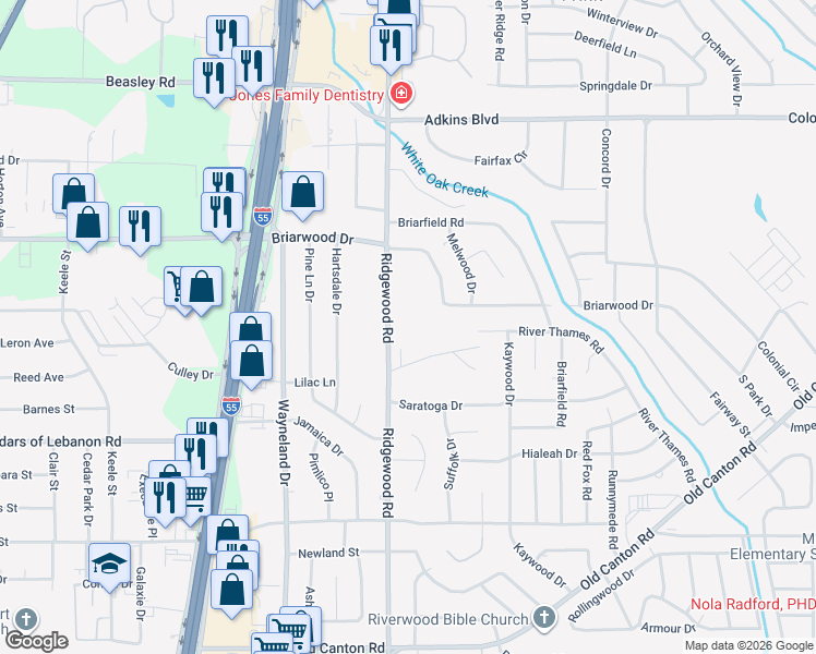 map of restaurants, bars, coffee shops, grocery stores, and more near 5520 Ridgewood Road in Jackson