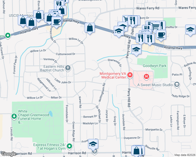 map of restaurants, bars, coffee shops, grocery stores, and more near 3622 Loxley Lane in Montgomery