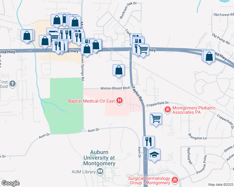 map of restaurants, bars, coffee shops, grocery stores, and more near 6980 Winton Blount Boulevard in Montgomery