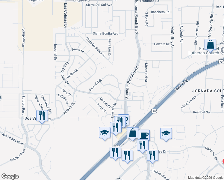 map of restaurants, bars, coffee shops, grocery stores, and more near 3931 Crystal Place in Las Cruces