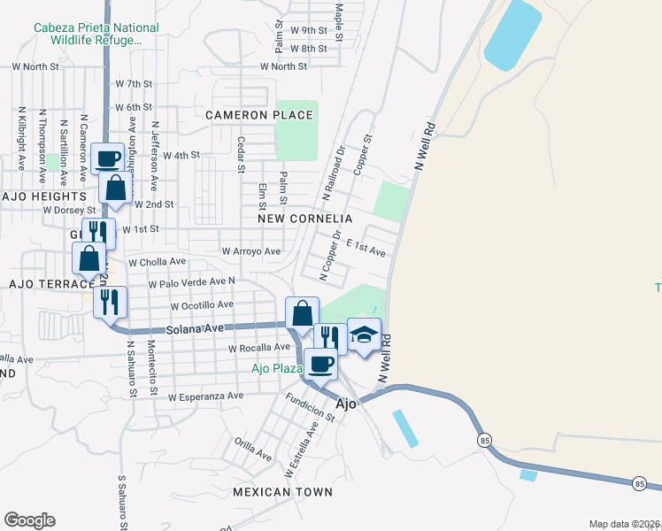 map of restaurants, bars, coffee shops, grocery stores, and more near 200 East Arroyo Avenue in Ajo