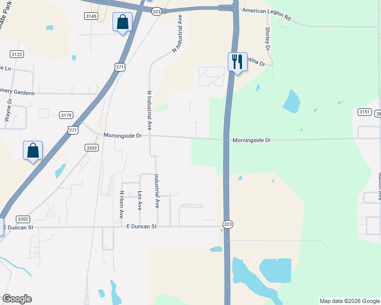 map of restaurants, bars, coffee shops, grocery stores, and more near 2544 County Road 376 in Tyler