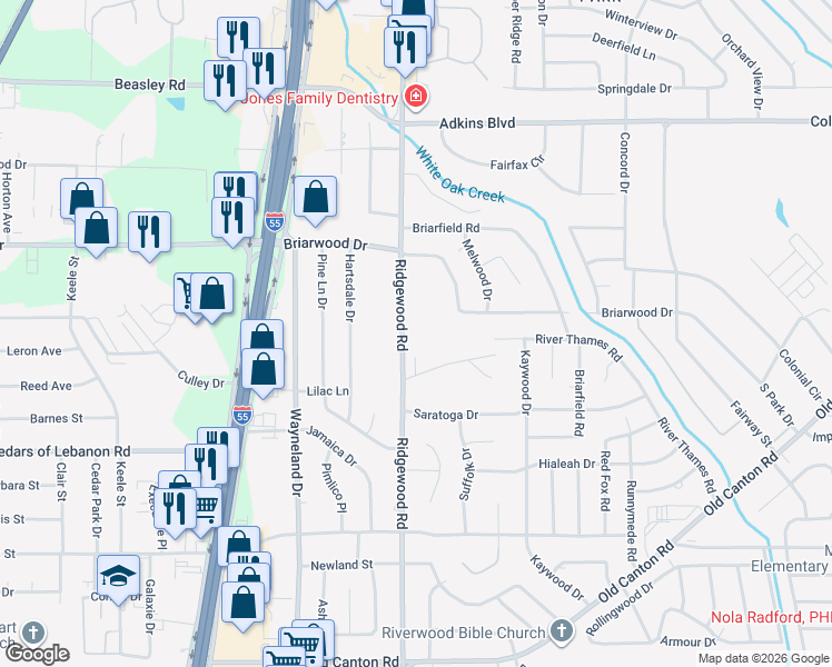 map of restaurants, bars, coffee shops, grocery stores, and more near 5520 Ridgewood Road in Jackson