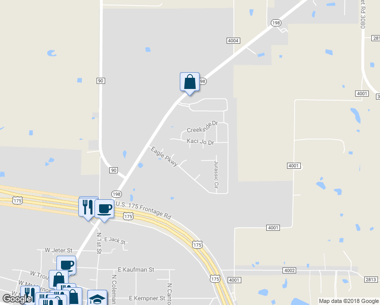 map of restaurants, bars, coffee shops, grocery stores, and more near 205 Wells Circle in Mabank