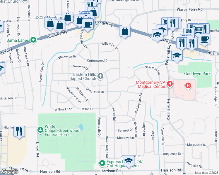 map of restaurants, bars, coffee shops, grocery stores, and more near 3787 Willow Lane Drive in Montgomery