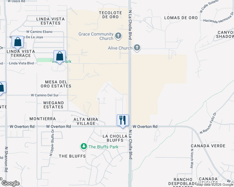 map of restaurants, bars, coffee shops, grocery stores, and more near 2330 West La Cresta Road in Tucson