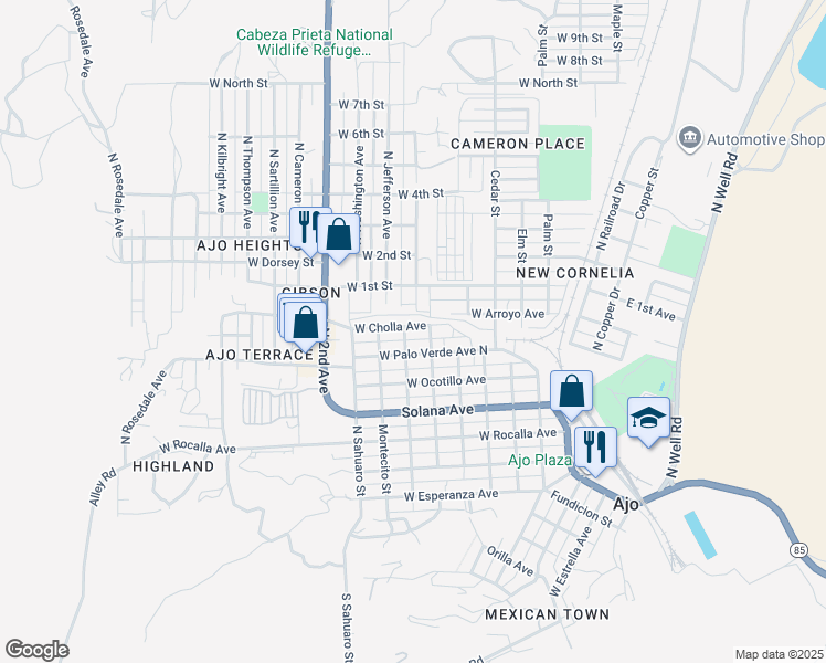 map of restaurants, bars, coffee shops, grocery stores, and more near 631 West Cholla Avenue in Ajo