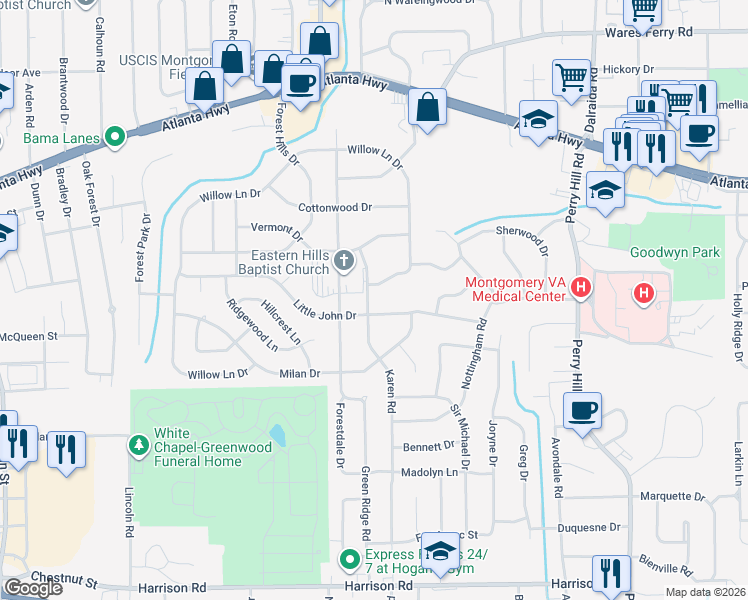 map of restaurants, bars, coffee shops, grocery stores, and more near 3787 Willow Lane Drive in Montgomery