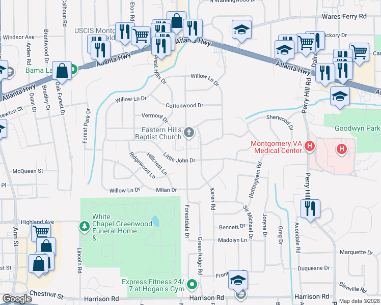 map of restaurants, bars, coffee shops, grocery stores, and more near 537 Green Ridge Road in Montgomery
