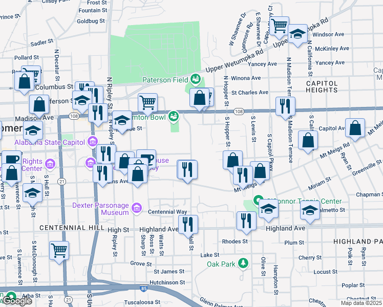 map of restaurants, bars, coffee shops, grocery stores, and more near 215 Hall Street in Montgomery
