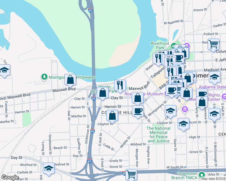 map of restaurants, bars, coffee shops, grocery stores, and more near 605 Maxwell Boulevard in Montgomery