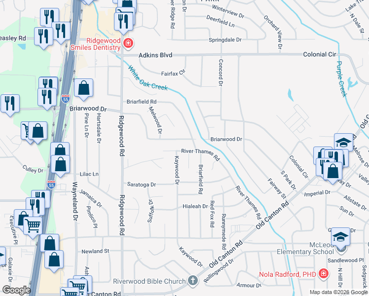 map of restaurants, bars, coffee shops, grocery stores, and more near 5530 River Thames Rd in Jackson