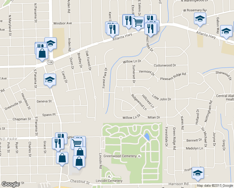 map of restaurants, bars, coffee shops, grocery stores, and more near 3116 Willow Lane Drive in Montgomery
