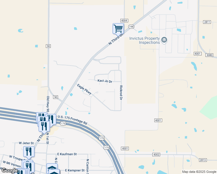 map of restaurants, bars, coffee shops, grocery stores, and more near 201 K J Circle in Mabank