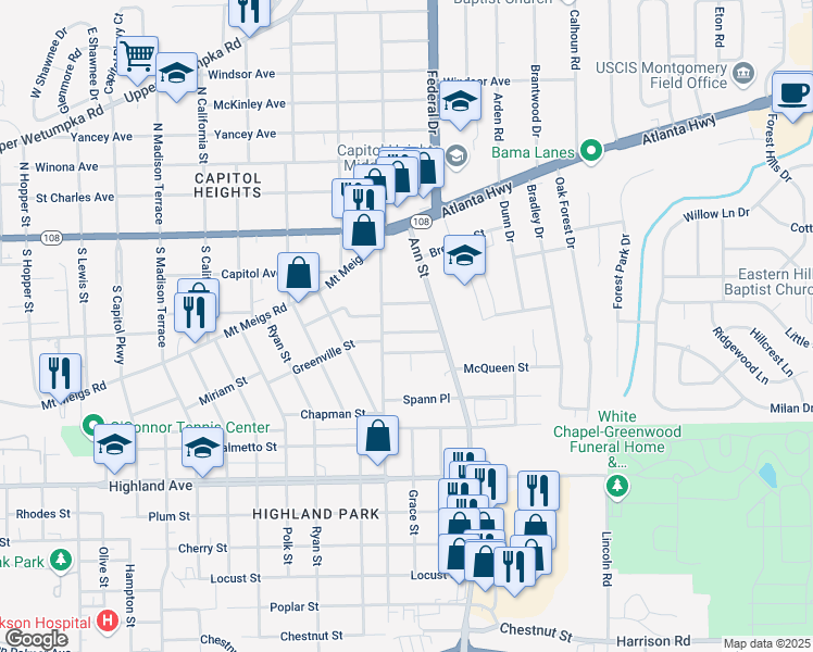 map of restaurants, bars, coffee shops, grocery stores, and more near 2517 Greenville Street in Montgomery