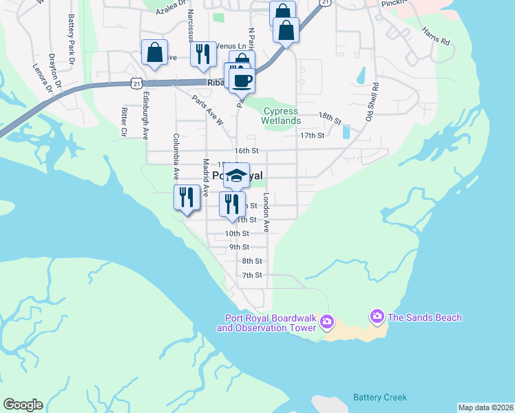 map of restaurants, bars, coffee shops, grocery stores, and more near 903 12th Street in Port Royal
