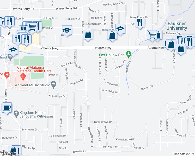 map of restaurants, bars, coffee shops, grocery stores, and more near 4535 Chrystan Road in Montgomery