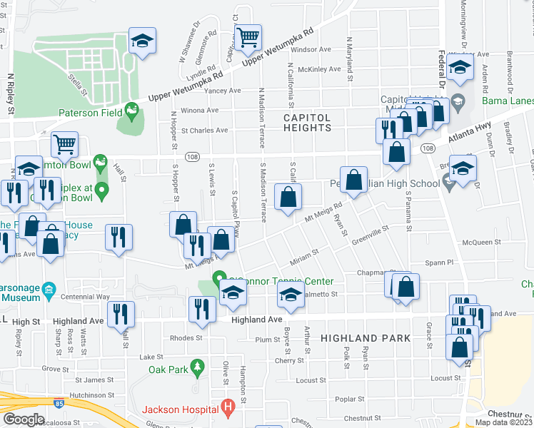 map of restaurants, bars, coffee shops, grocery stores, and more near 1802 James Avenue in Montgomery