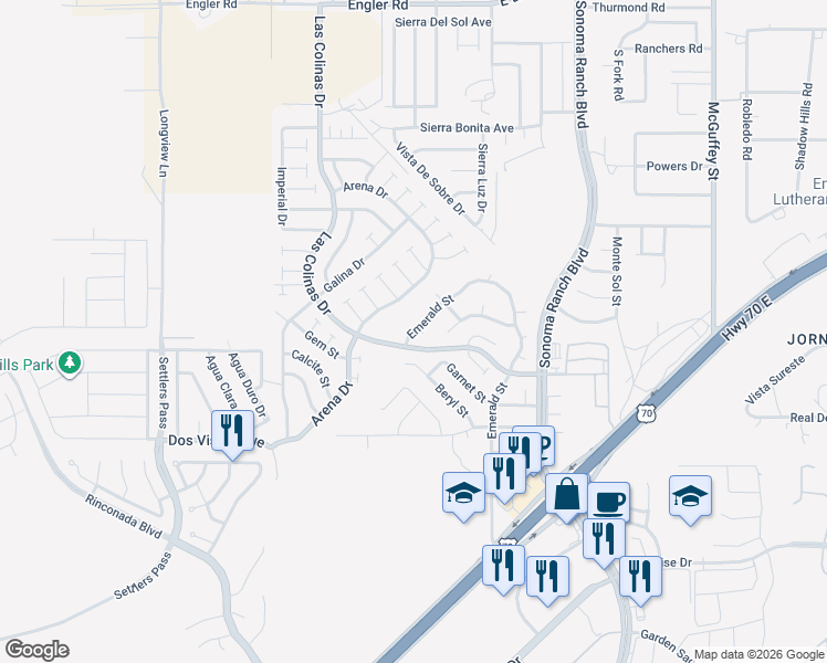 map of restaurants, bars, coffee shops, grocery stores, and more near 5011 Emerald Street in Las Cruces