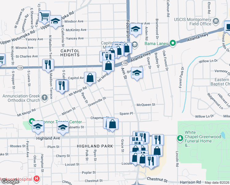 map of restaurants, bars, coffee shops, grocery stores, and more near 2517 Greenville Street in Montgomery