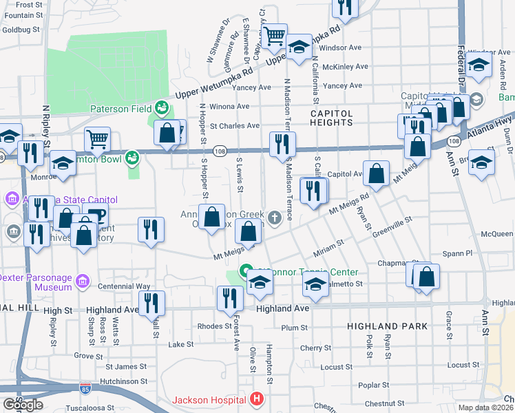 map of restaurants, bars, coffee shops, grocery stores, and more near 127 South Capitol Parkway in Montgomery